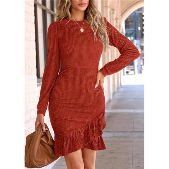 Women's Fall Ruched Bodycon Mini Dress – Long Puff Sleeves - Picture 5 of 7